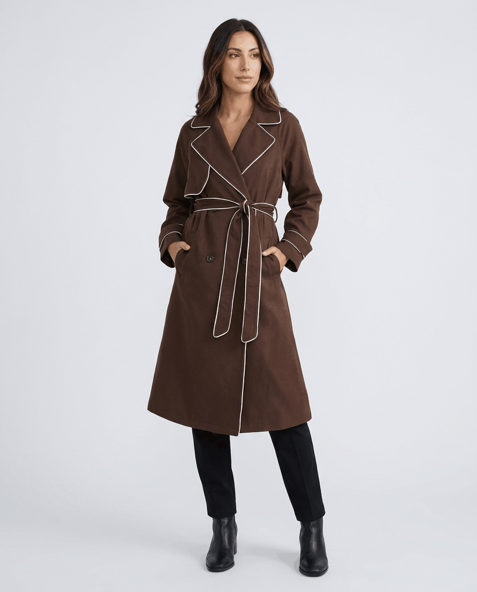 Brown belted trench coat for women with a defined waist, contrast stitching, tie belt, double-breasted front, and lapel collar