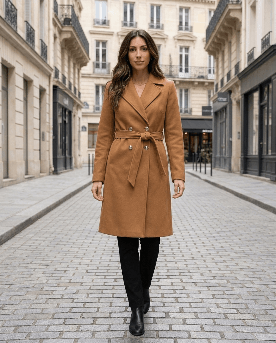 A woman wearing a brown belted wool trench coat on a Paris street, featuring a tailored fit and lapel collar
