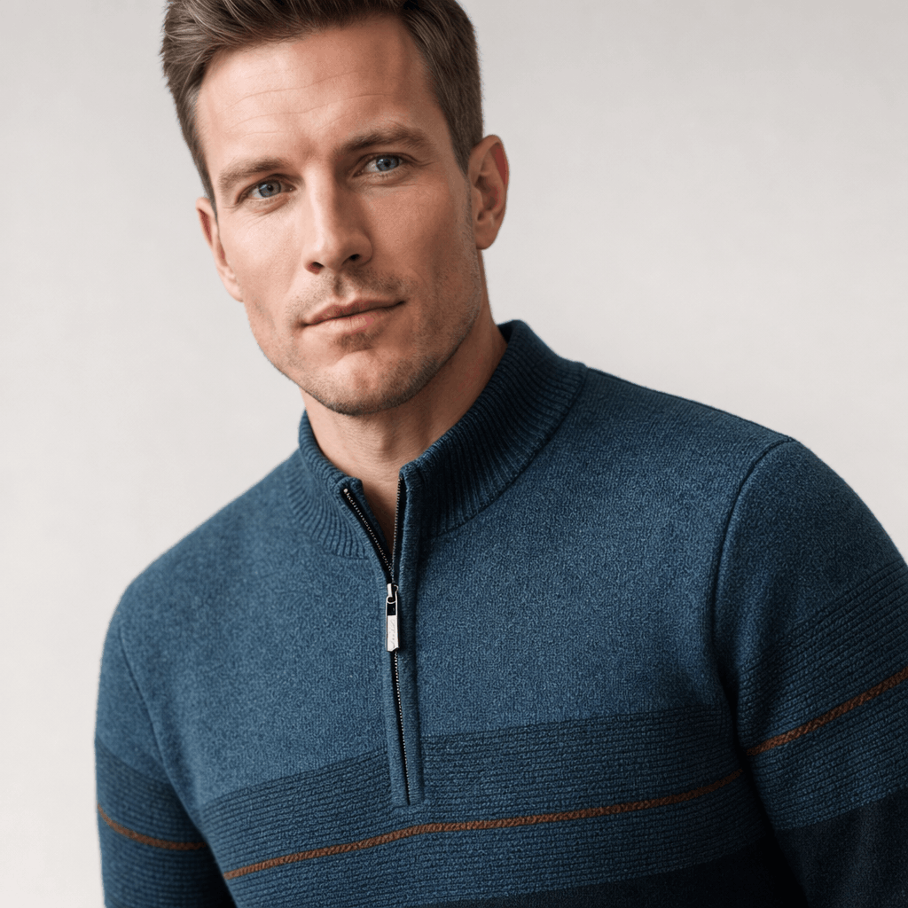 Close-up of the dark teal quarter-zip sweater, showing the zipper collar, textured upper section, and thin stripe detail.