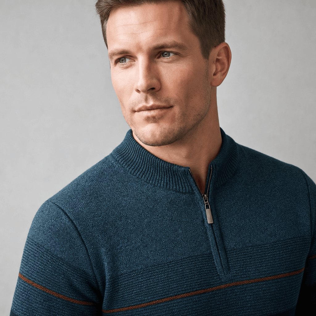 Front close-up highlighting the dark teal knit texture and horizontal chest stripe.