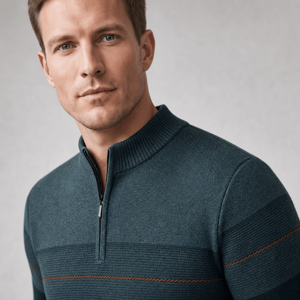 Close-up view of the sweater's quarter-zip collar and contrasting textured upper panel.