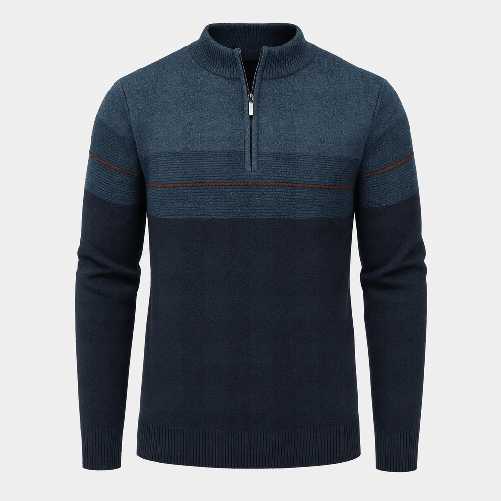 Flat product image of the dark teal color-block quarter-zip sweater.