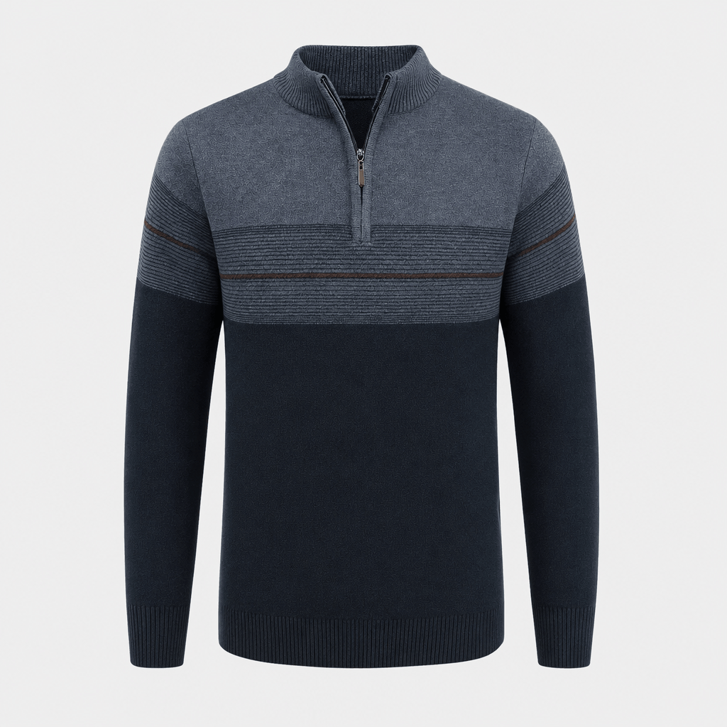 Flat product image of the navy and gray color-block quarter-zip sweater.