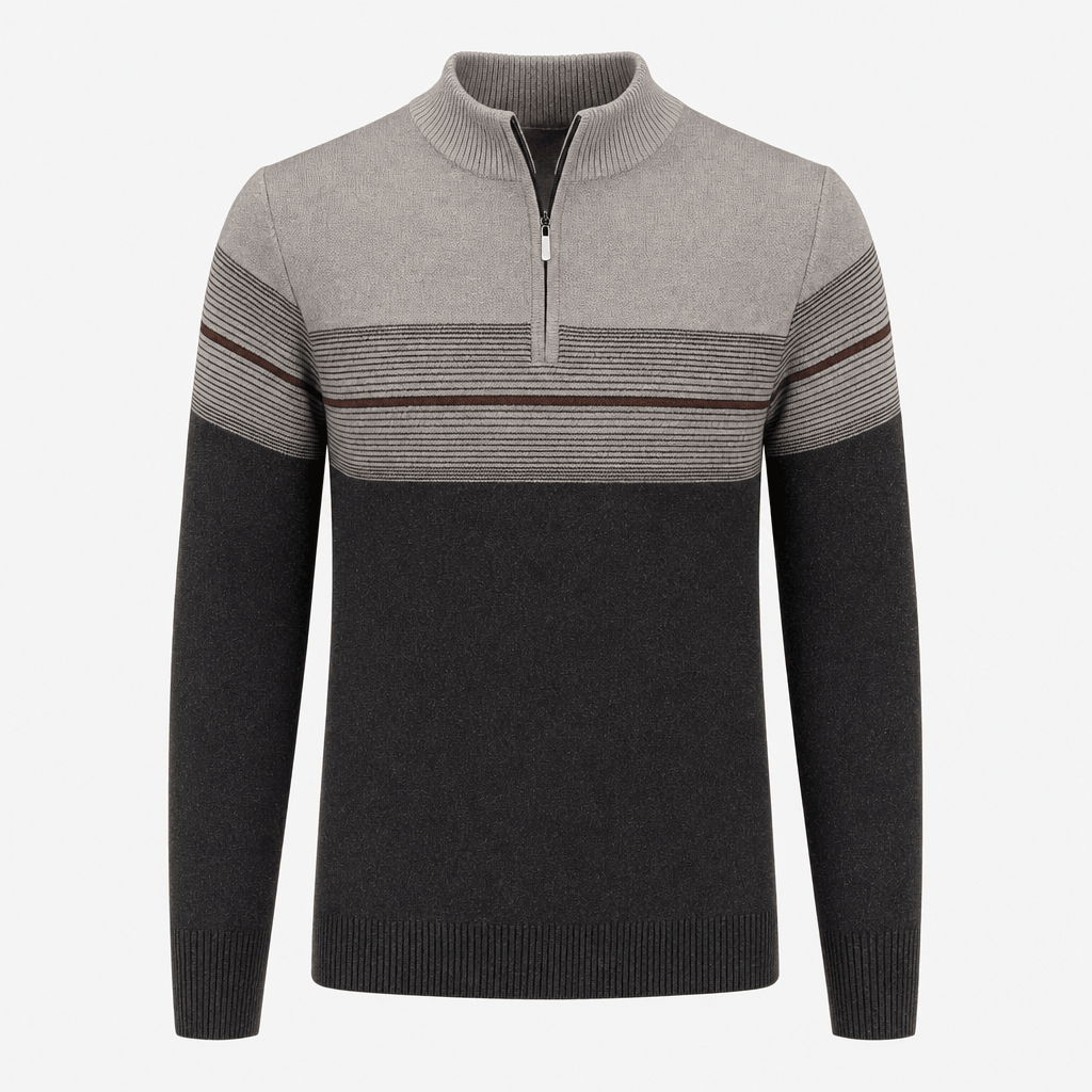 Flat product image of the gray and black color-block quarter-zip sweater.