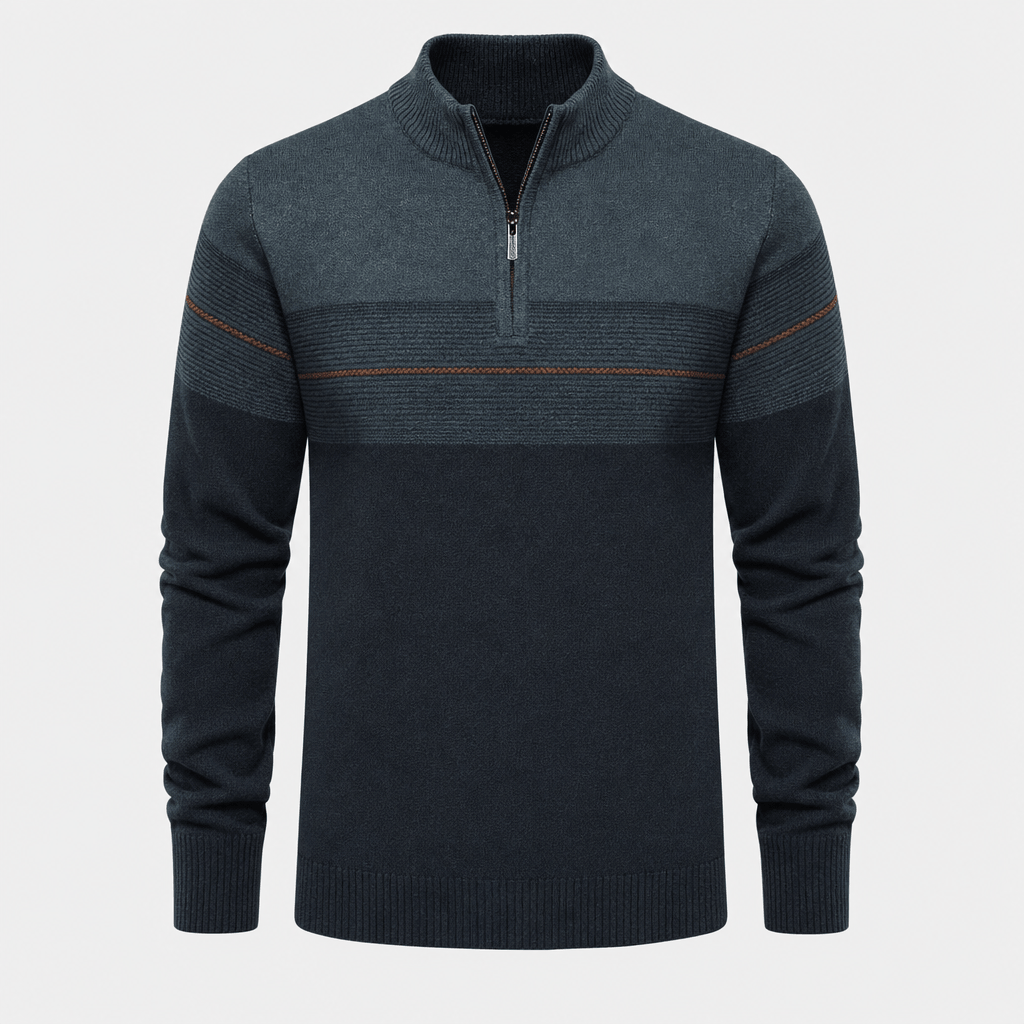 Flat product image of the dark teal color-block quarter-zip sweater.