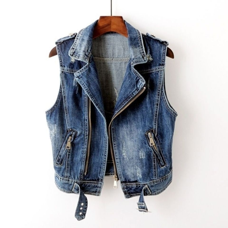 Elara Women's Washed Gray Moto-Style Denim Vest with Zipper Accents