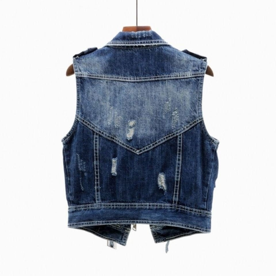 Elara Women's Washed Gray Moto-Style Denim Vest with Zipper Accents