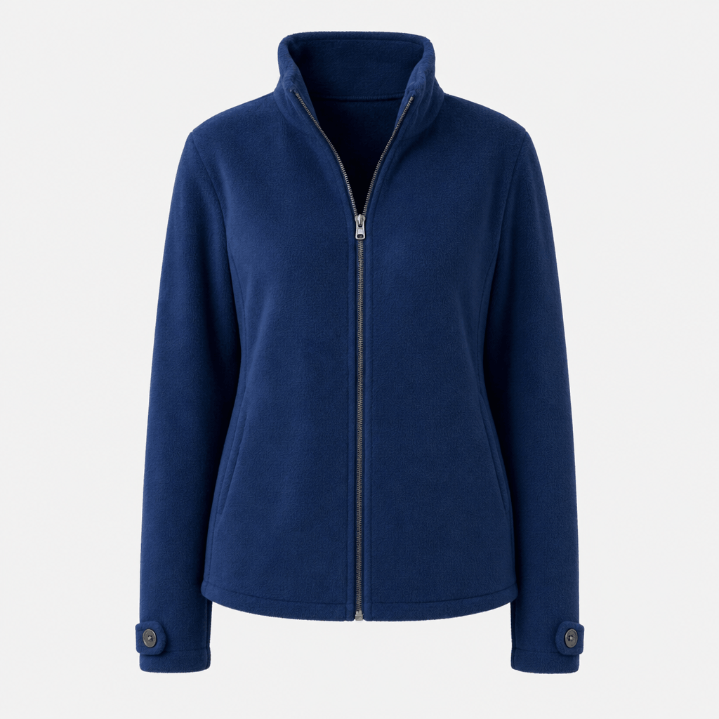 Front product view of the navy blue zip-up jacket with a stand collar, long sleeves, and full-length zipper.