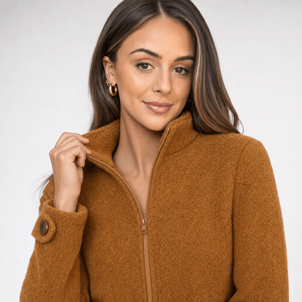 Close-up of the female model wearing the camel brown zip-up jacket, highlighting the front zipper, stand collar, and fitted silhouette.