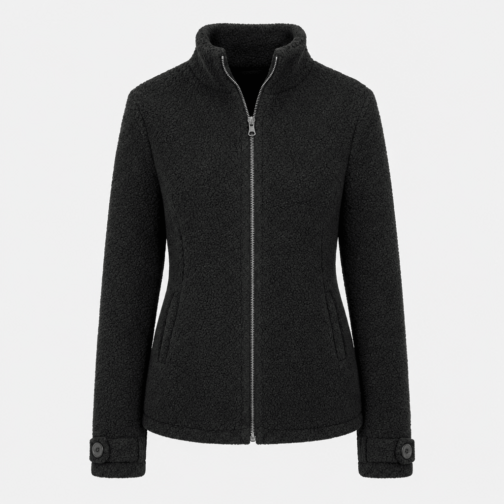 Front product view of the black zip-up jacket with a stand collar, long sleeves, and full-length zipper.