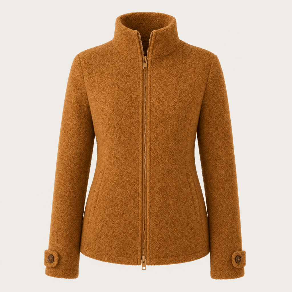 Front product view of the camel brown zip-up jacket with a stand collar, long sleeves, and full-length zipper.
