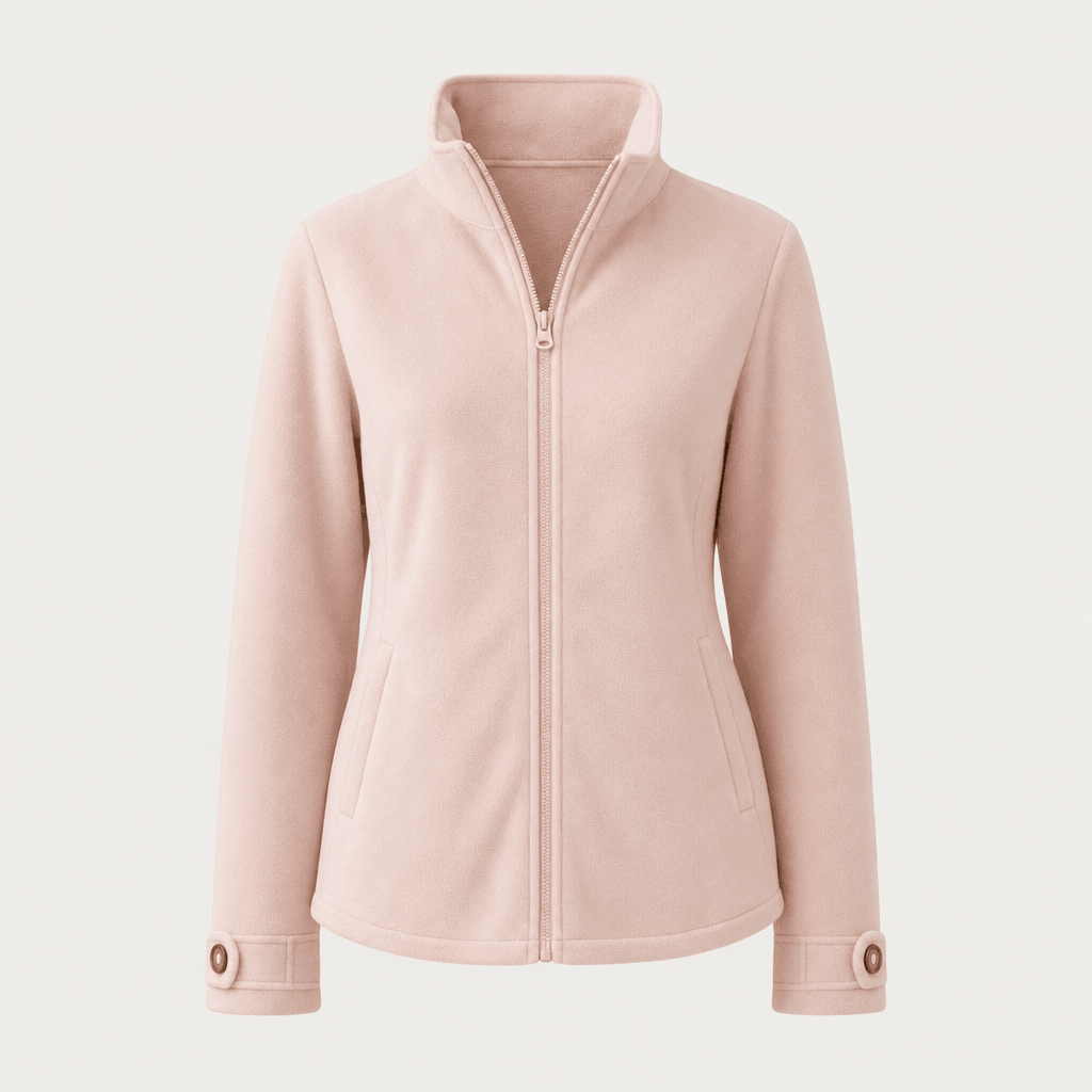 Front product view of the light blush pink zip-up jacket with a stand collar, long sleeves, and full-length zipper.