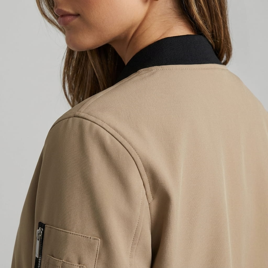 Detailed view of the beige bomber jacket, highlighting the black ribbed collar and shoulder area.