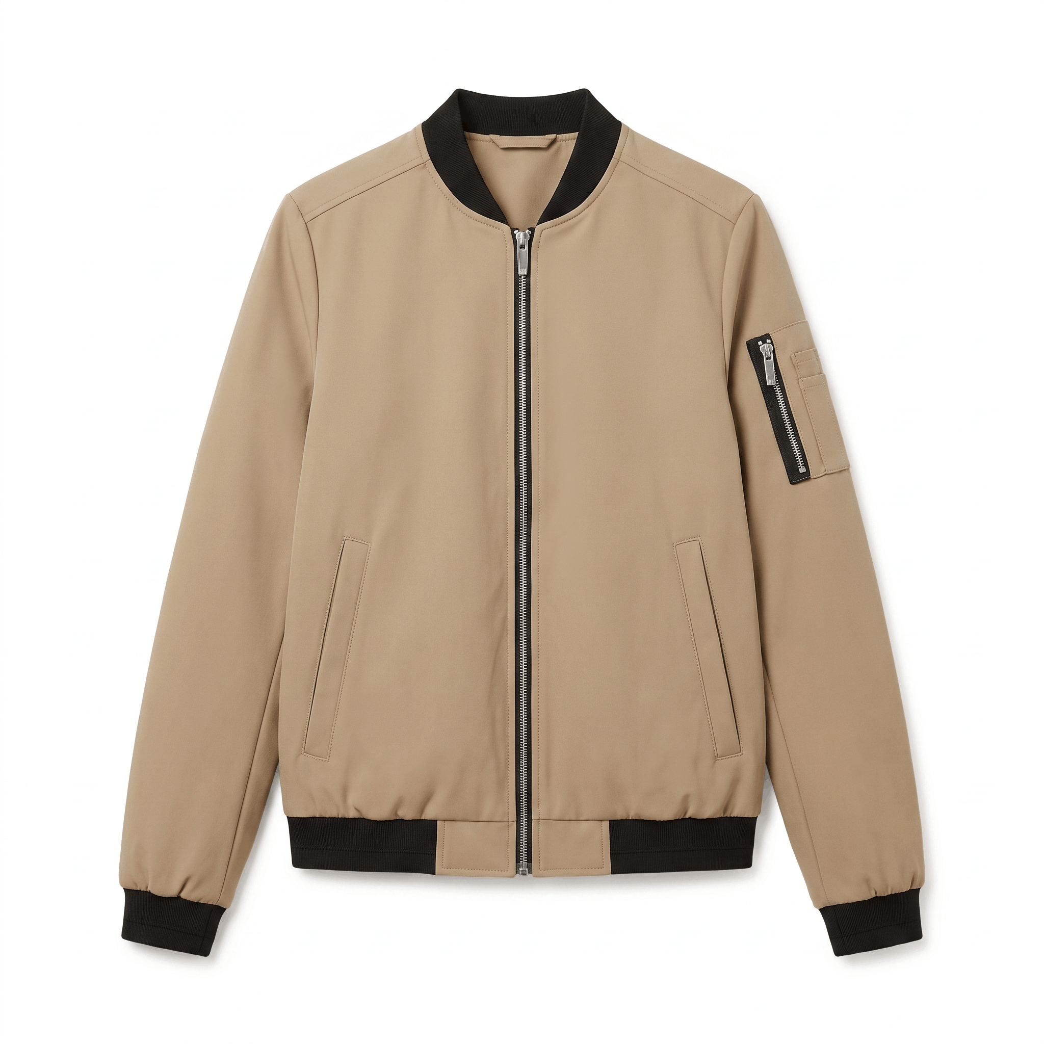 Beige bomber jacket with a full front zipper, black ribbed cuffs and hem, zippered side pockets, and a zippered sleeve pocket.