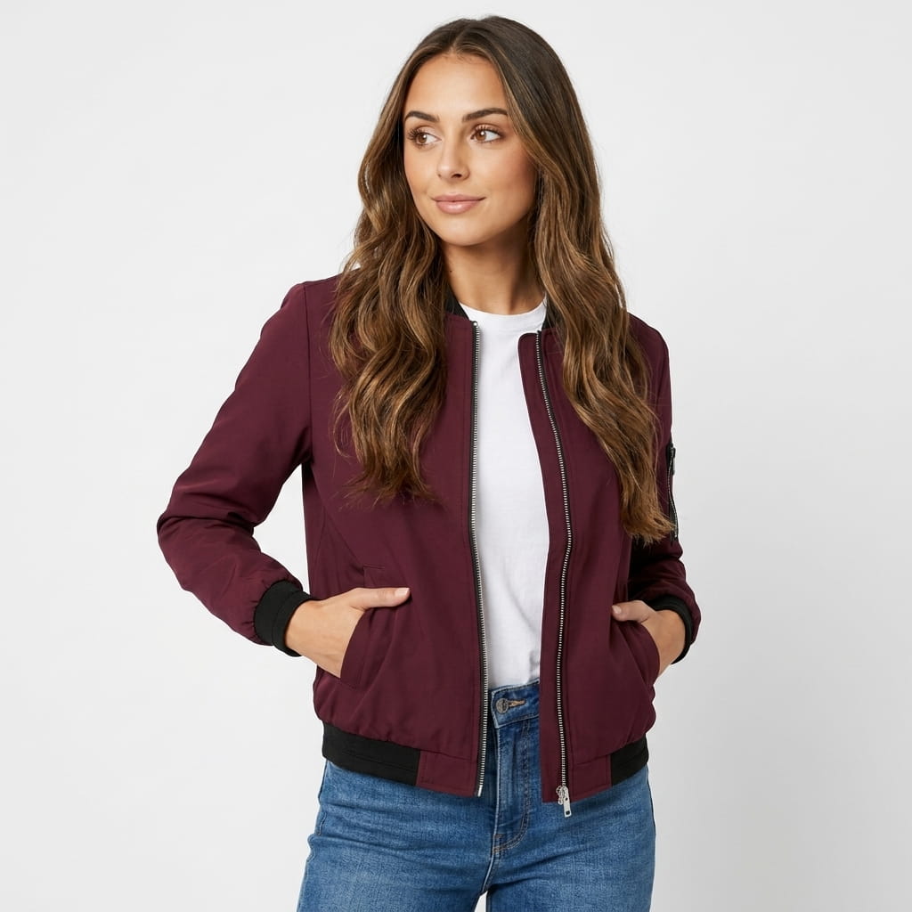 Female model wearing a burgundy bomber jacket over a light-colored top with blue jeans.