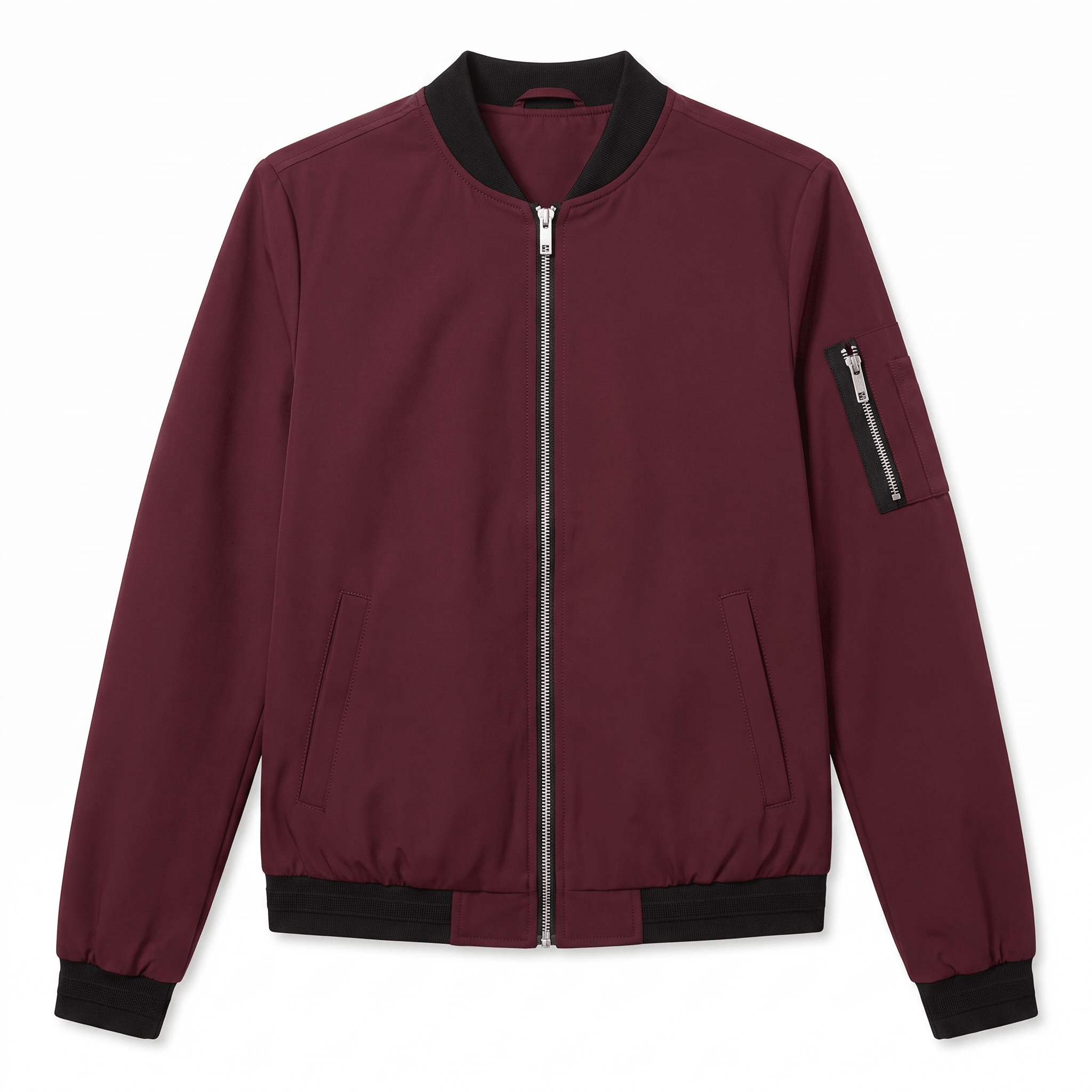 Burgundy bomber jacket with a full front zipper, ribbed collar, cuffs, and hem, plus a zippered sleeve pocket.