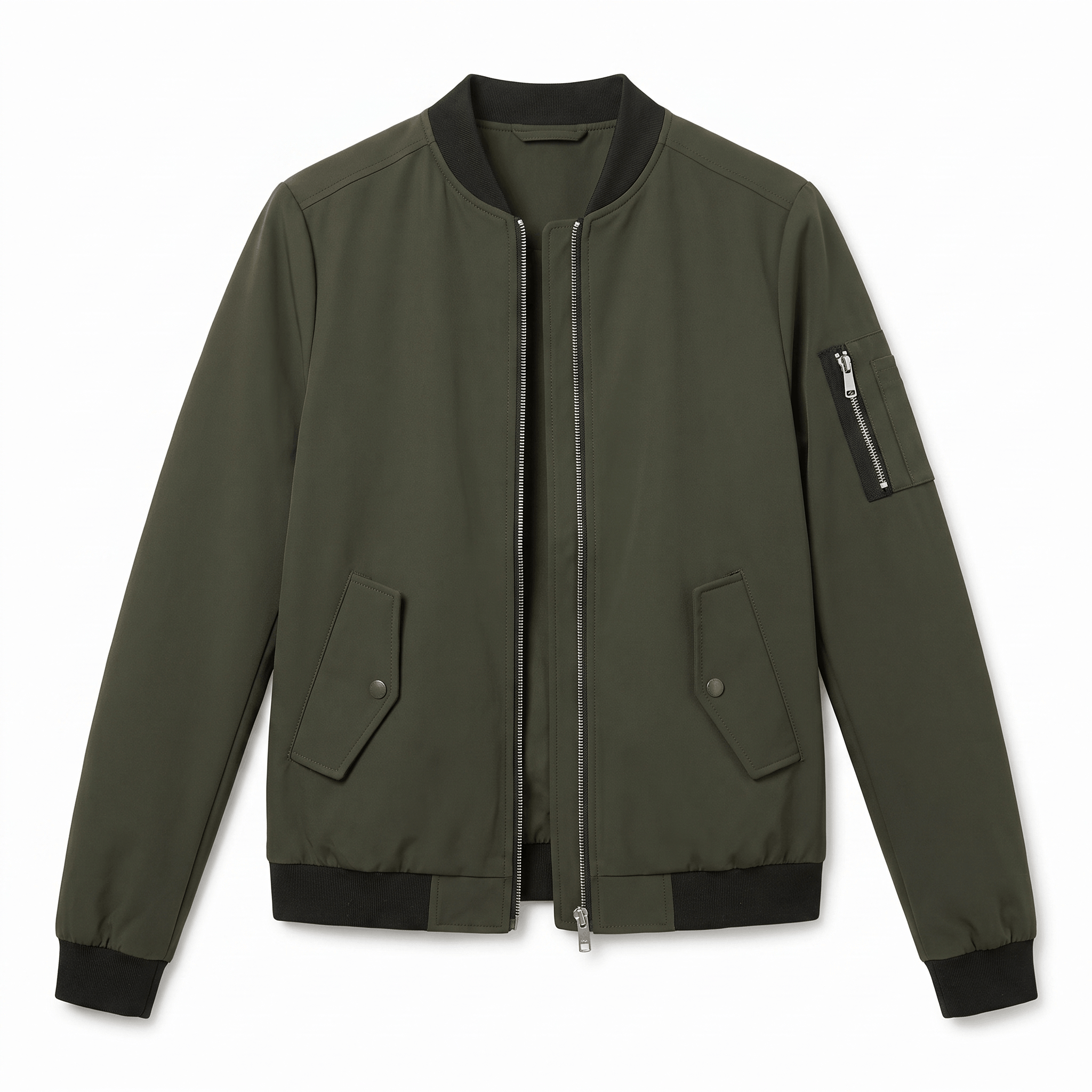 Olive green bomber jacket with a ribbed collar, full front zipper, zippered side pockets, and zippered sleeve pocket.
