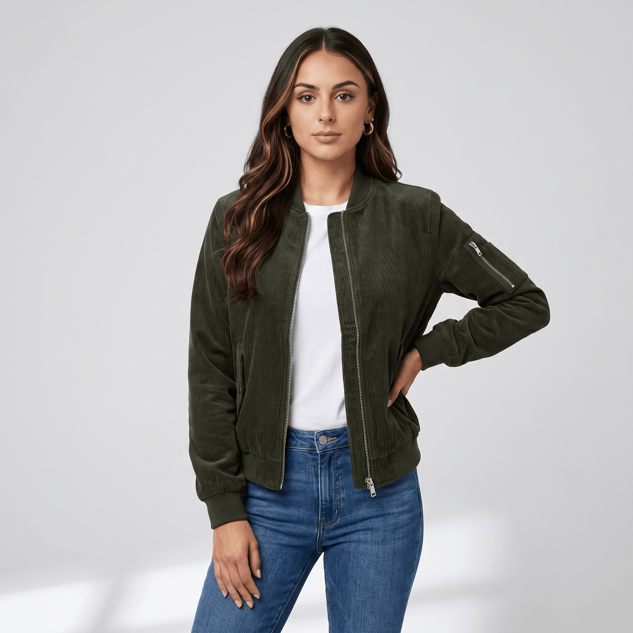 Female model wearing the olive green bomber jacket with blue jeans, posing with one hand on her hip.