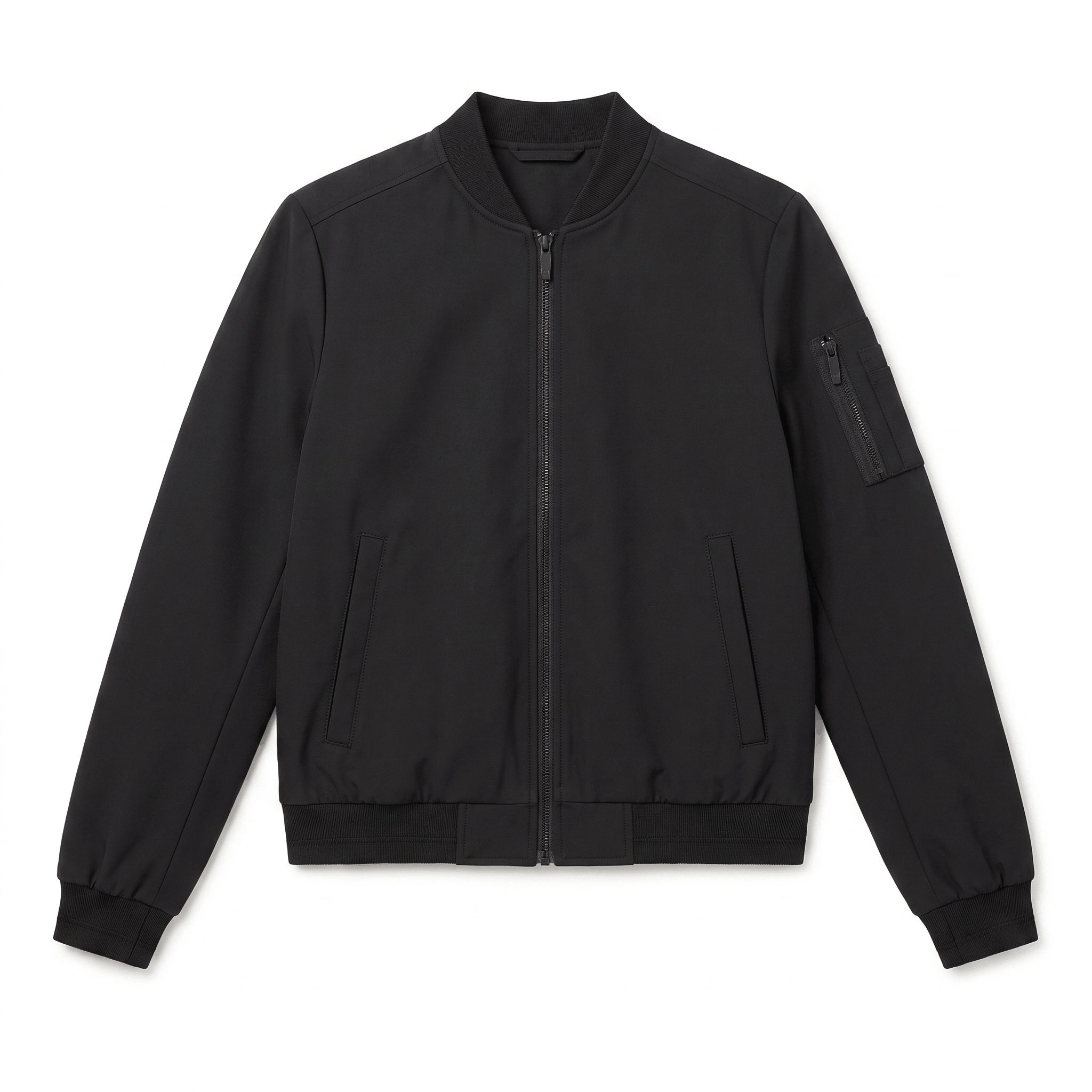 Black bomber jacket with a ribbed collar, full front zipper, zippered side pockets, and ribbed cuffs and hem.