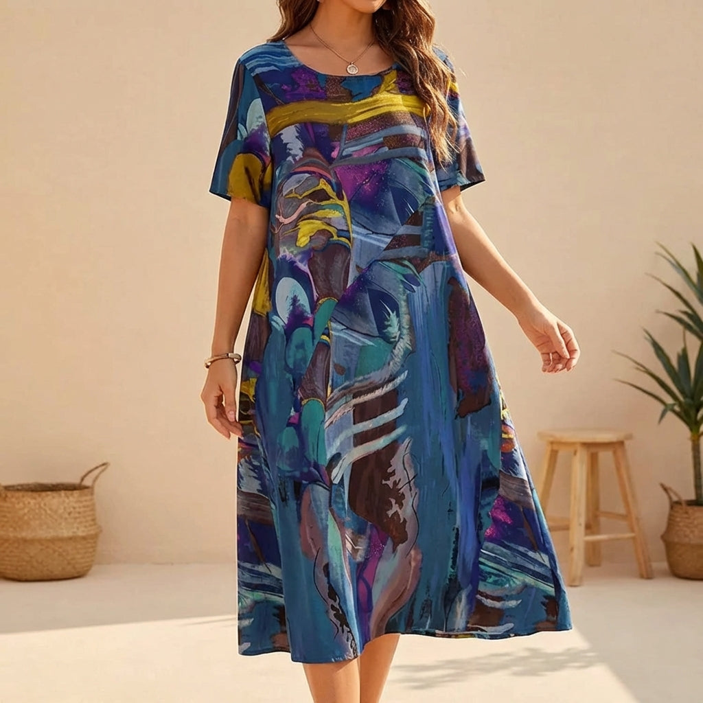 Elodie Soft Breathable Midi Dress – Relaxed Artistic Print Summer Wear