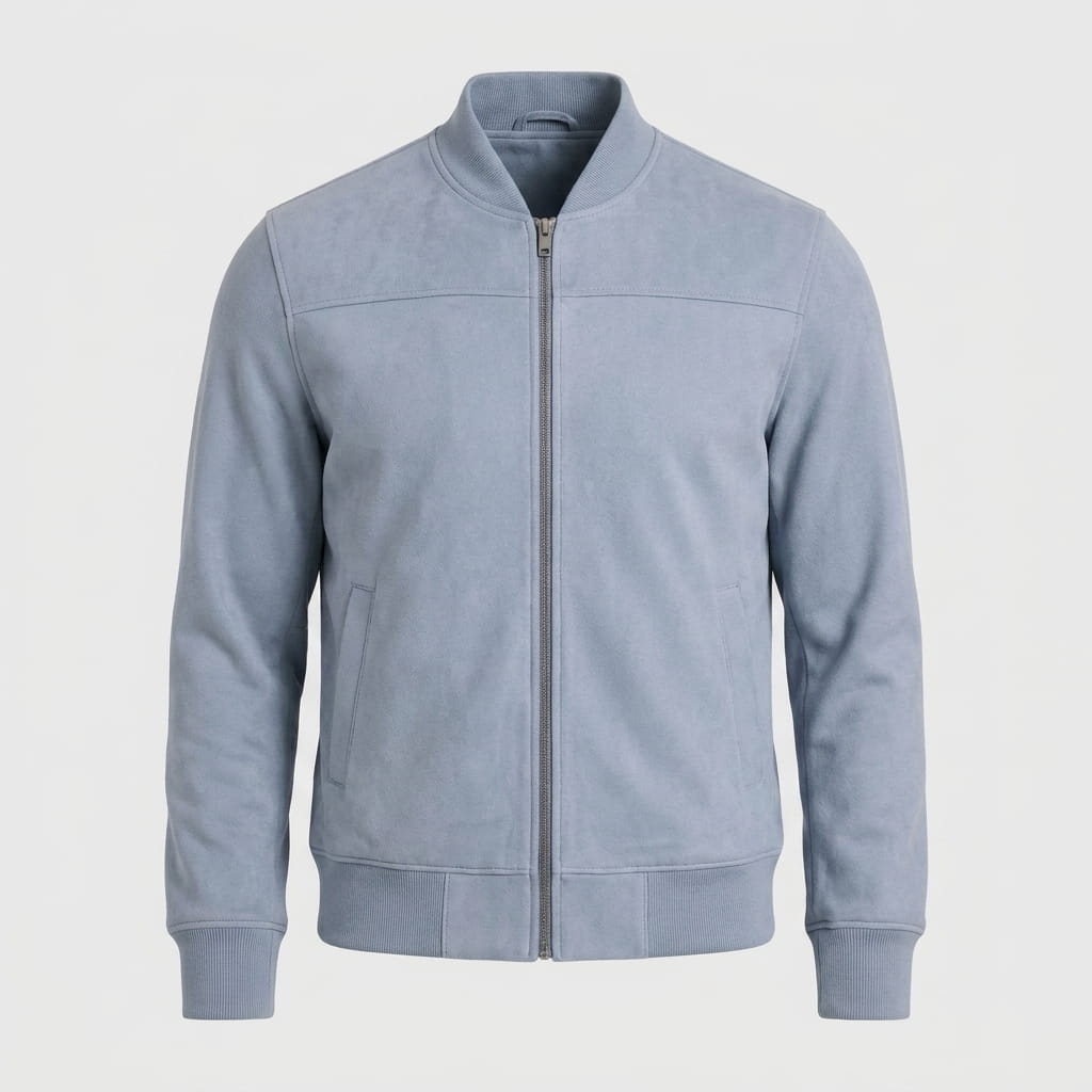 Light blue zip-up jacket with a stand collar, full front zipper, and ribbed cuffs and hem.