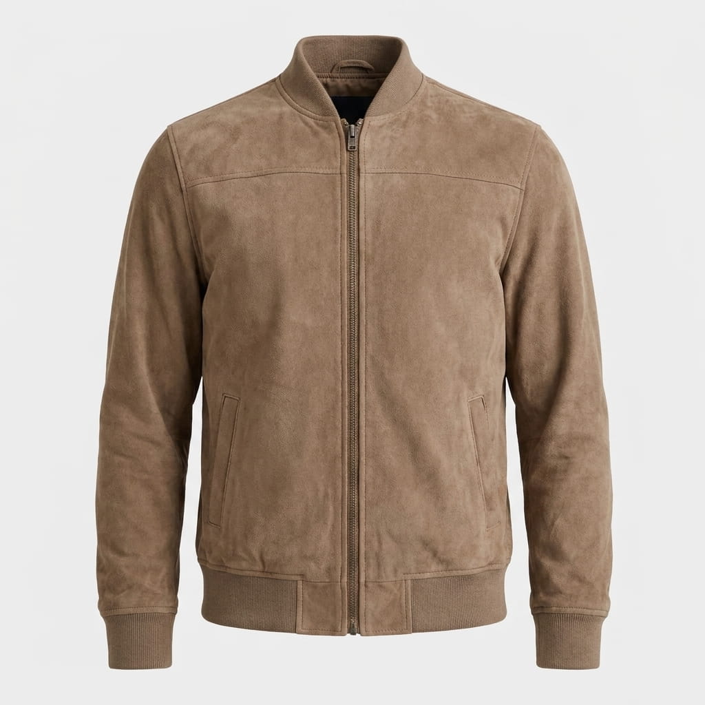Brown zip-up jacket with a stand collar, full front zipper, and ribbed cuffs and hem.