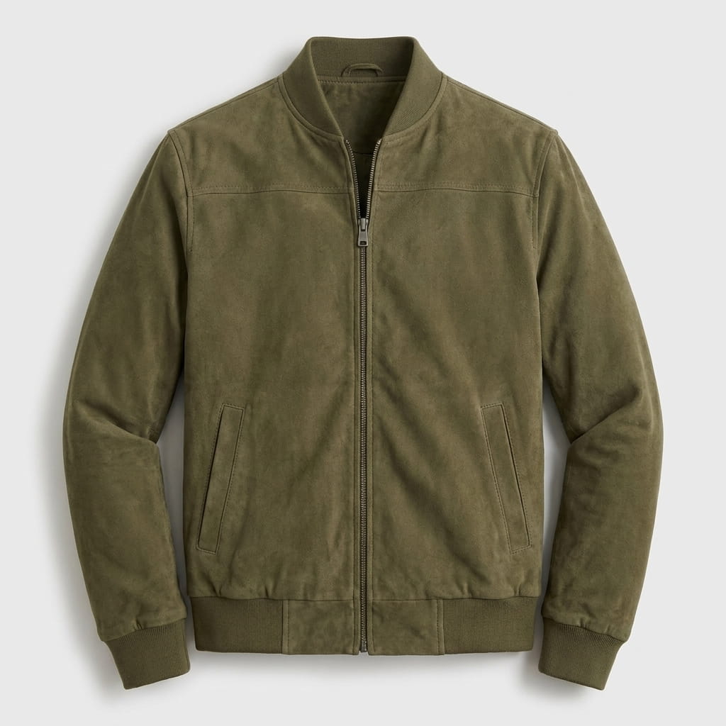 Olive green zip-up jacket with a stand collar, full front zipper, and ribbed cuffs and hem.