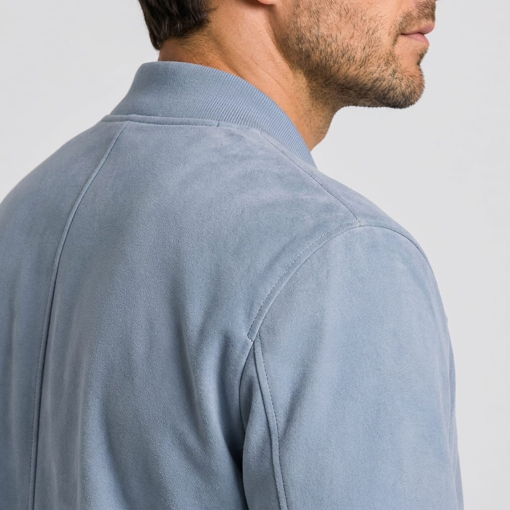 Close-up back and side view of the light blue jacket, highlighting the collar and shoulder seams.