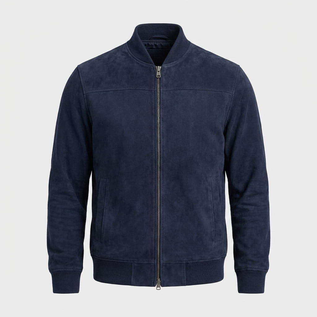 Navy blue zip-up jacket with a stand collar, full front zipper, and ribbed cuffs and hem.