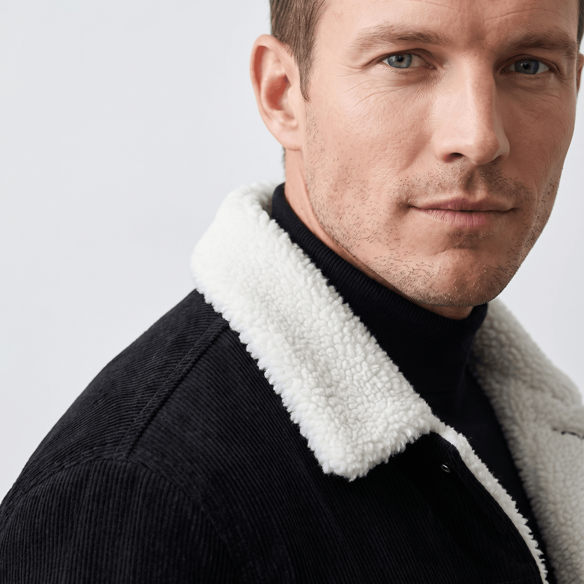 Black corduroy trucker jacket featuring a soft white sherpa collar and snap-button front.