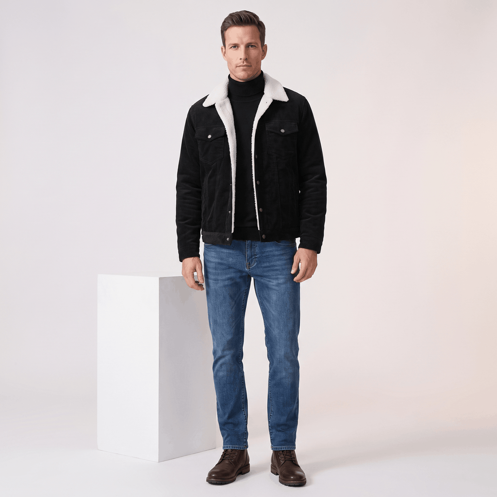 Black corduroy trucker jacket with contrast sherpa collar and snap-button front.