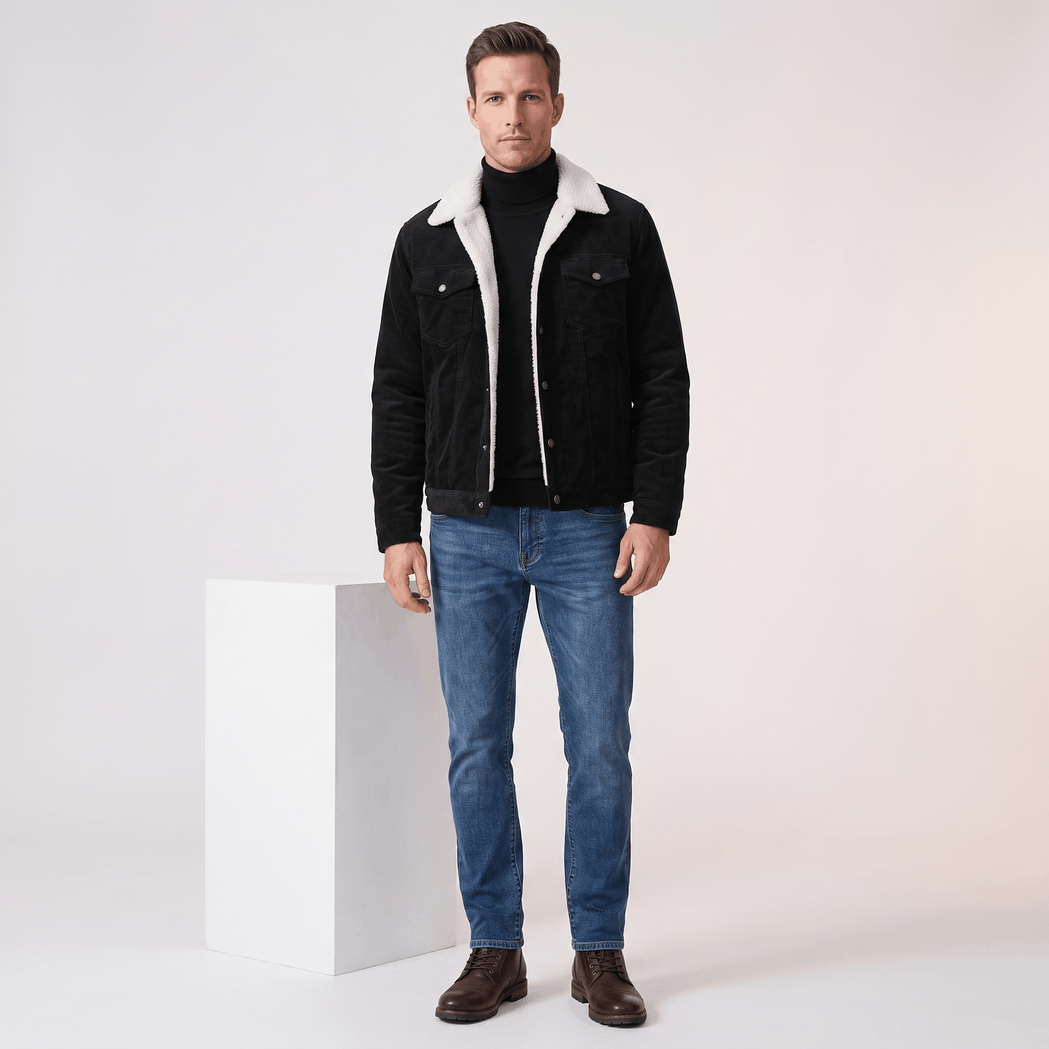 Black corduroy trucker jacket with contrast sherpa collar and snap-button front.