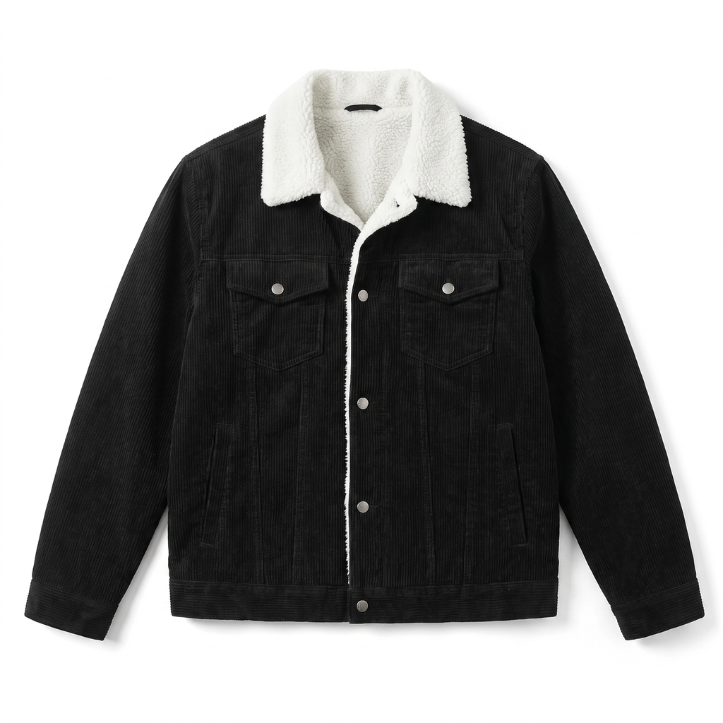 Black corduroy trucker jacket featuring a white sherpa collar and snap-button front closure.