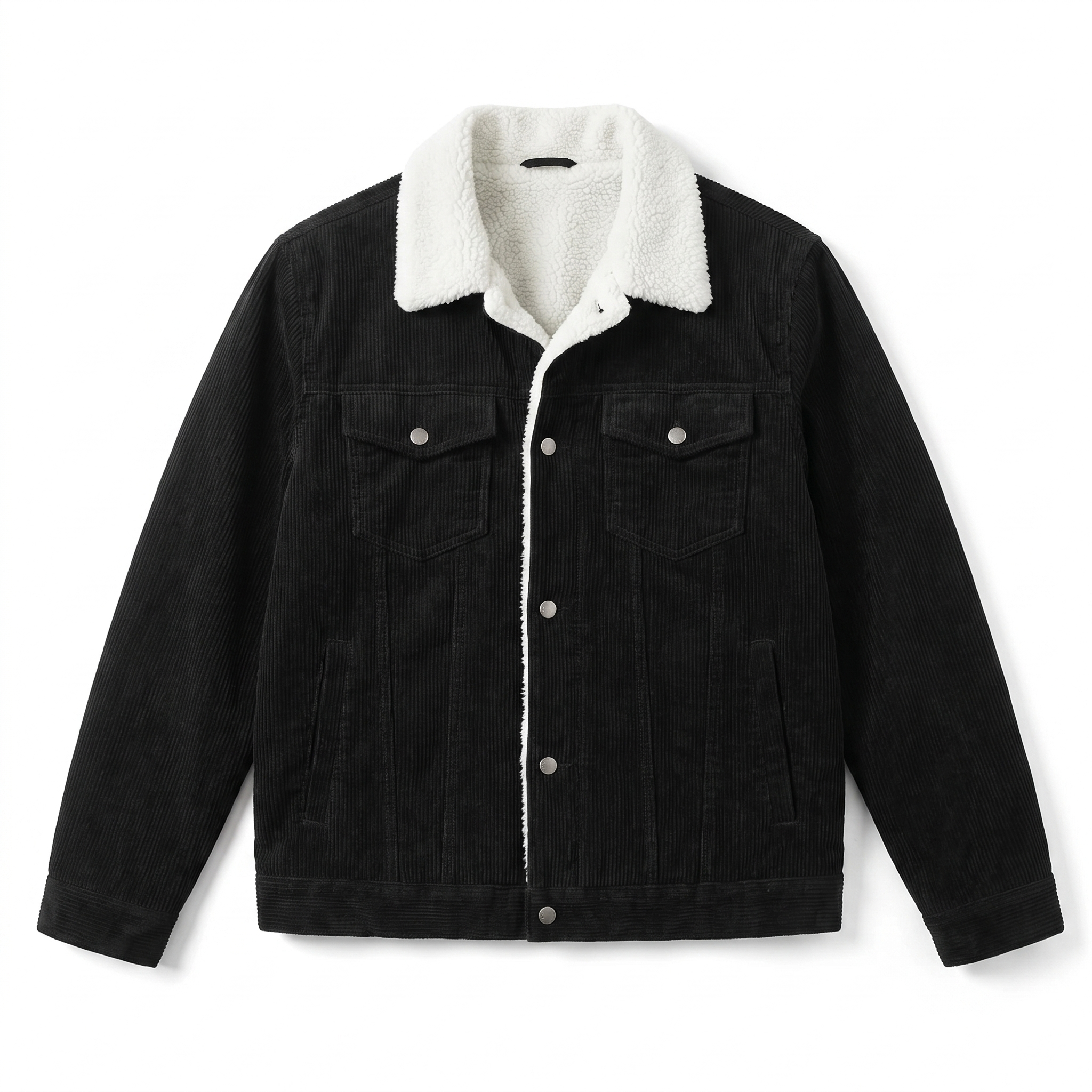 Black corduroy trucker jacket featuring a white sherpa collar and snap-button front closure.