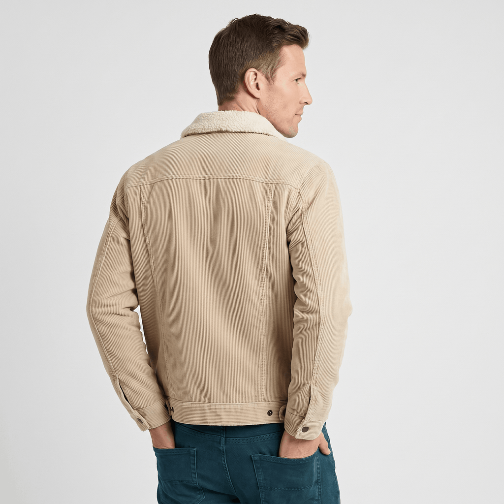 Tan corduroy trucker jacket with a soft sherpa collar in a regular fit.