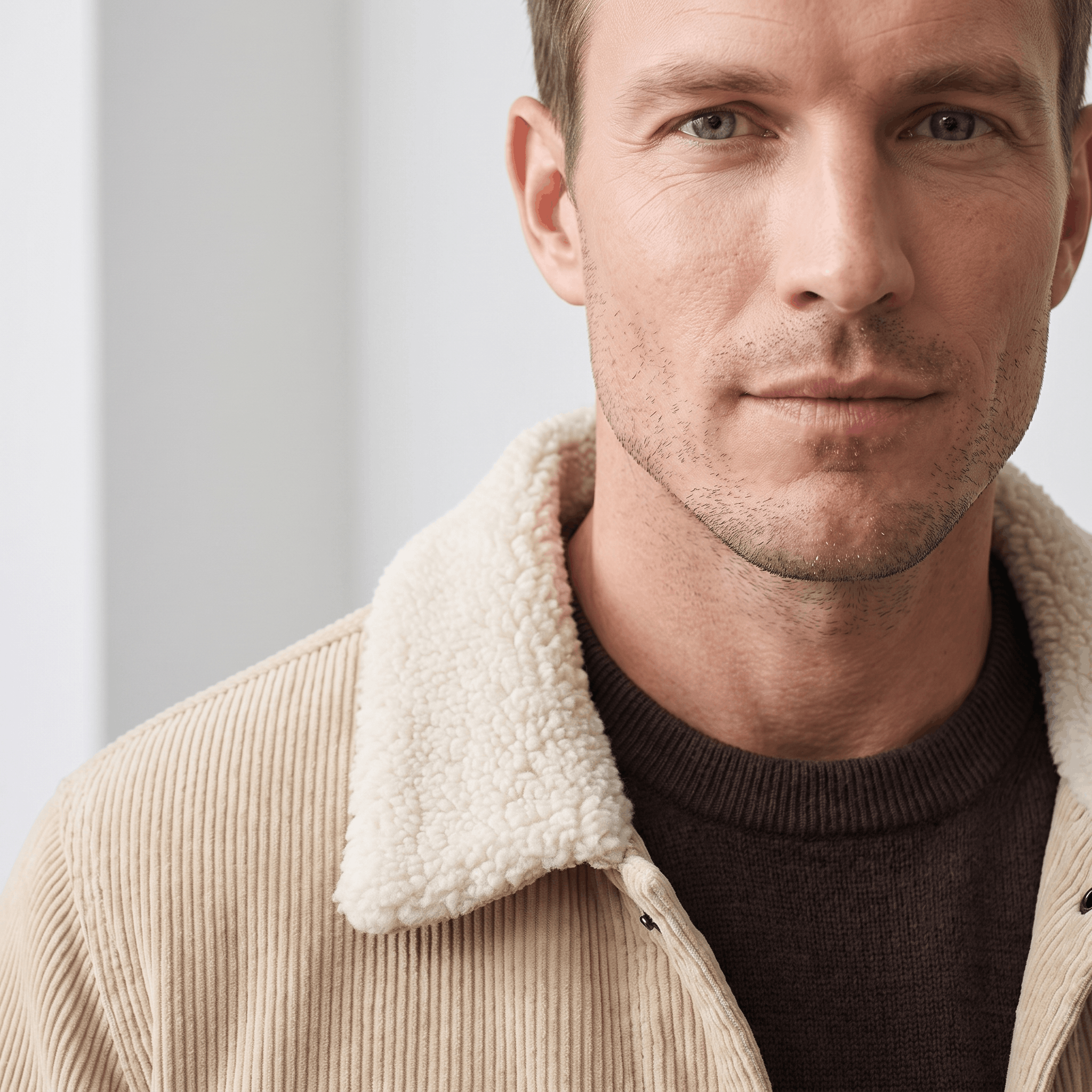 Tan corduroy trucker jacket featuring a soft, cream-colored sherpa collar and snap-button front.