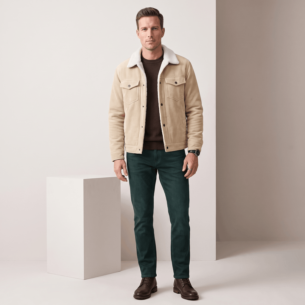 Tan corduroy trucker jacket with a white sherpa collar and snap-button front.