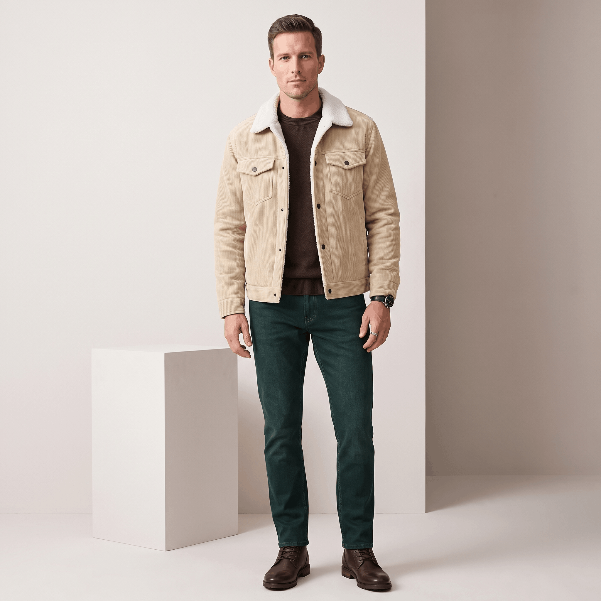 Tan corduroy trucker jacket with a white sherpa collar and snap-button front.