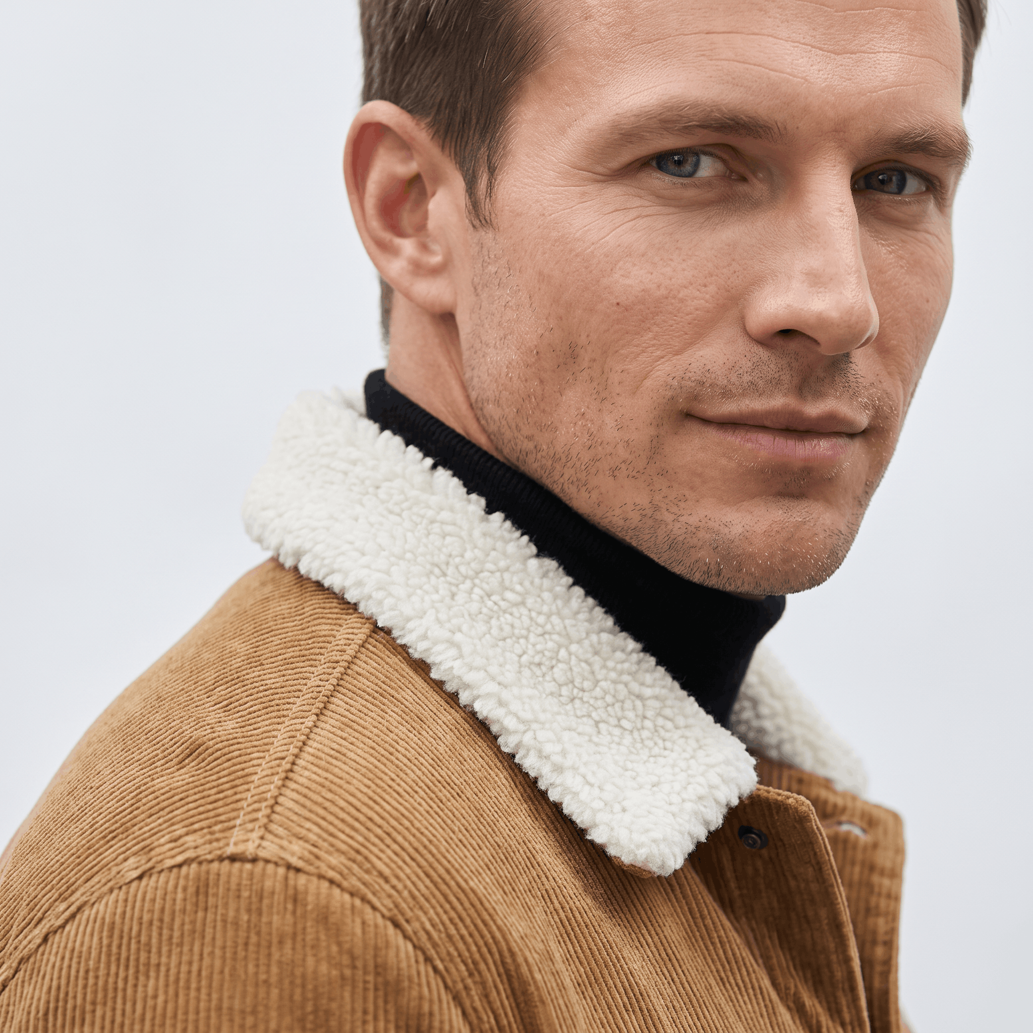 Tan corduroy trucker jacket featuring a soft white sherpa collar and snap-button front.