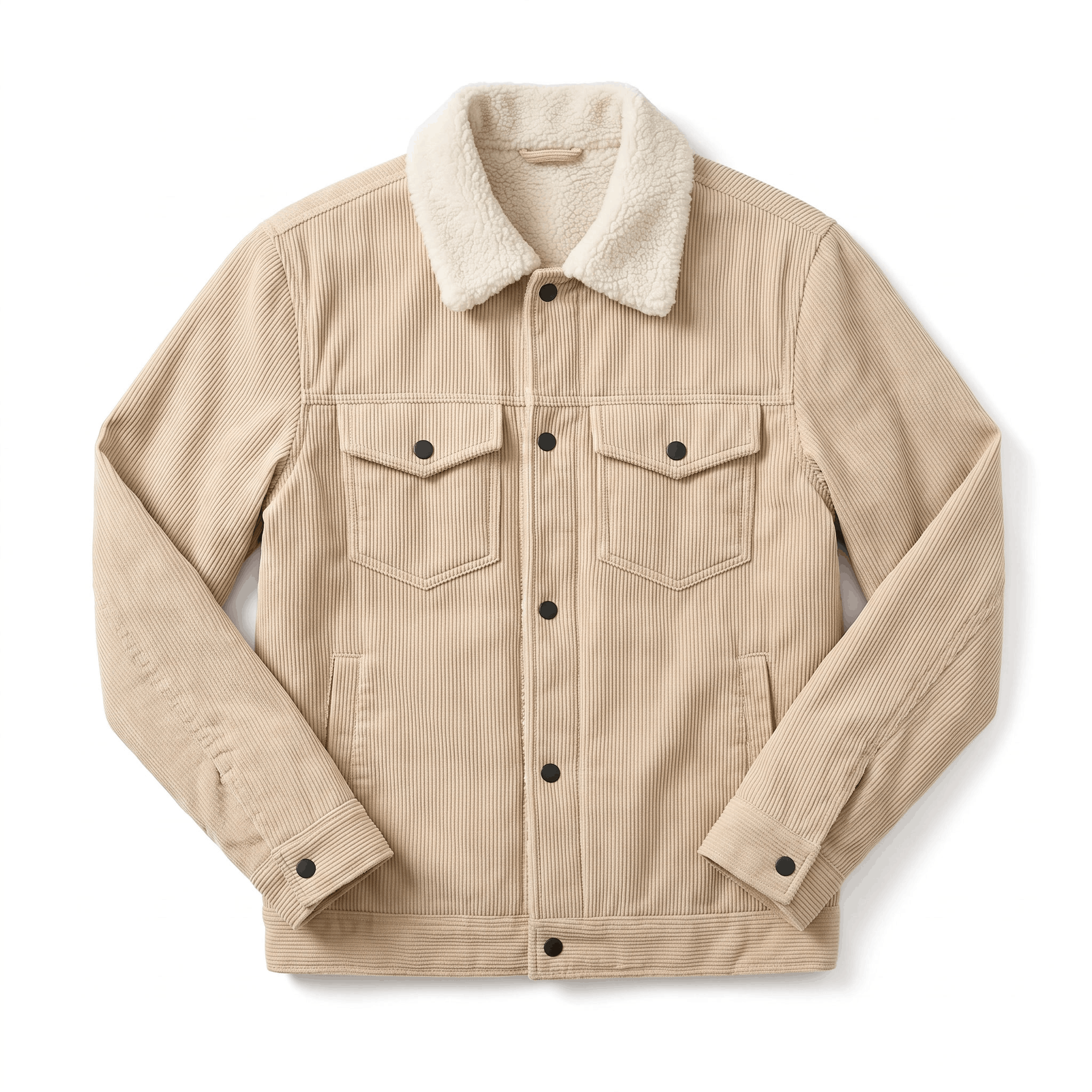 Beige corduroy trucker jacket featuring a soft sherpa collar and snap-button front closure.
