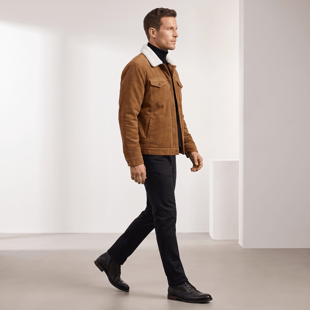 Brown corduroy trucker jacket with a white sherpa collar and snap-button front.