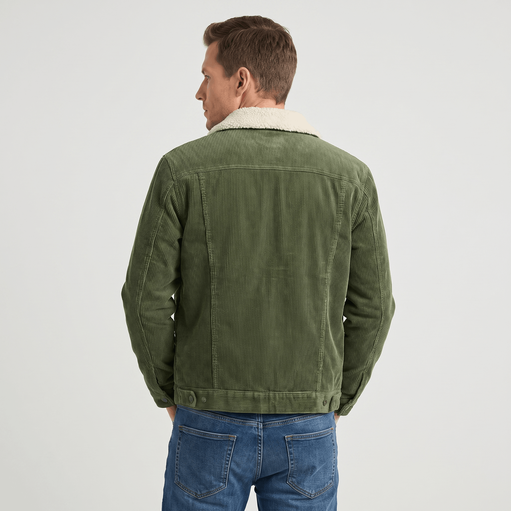 Olive green corduroy trucker jacket with a white sherpa collar, worn from behind.
