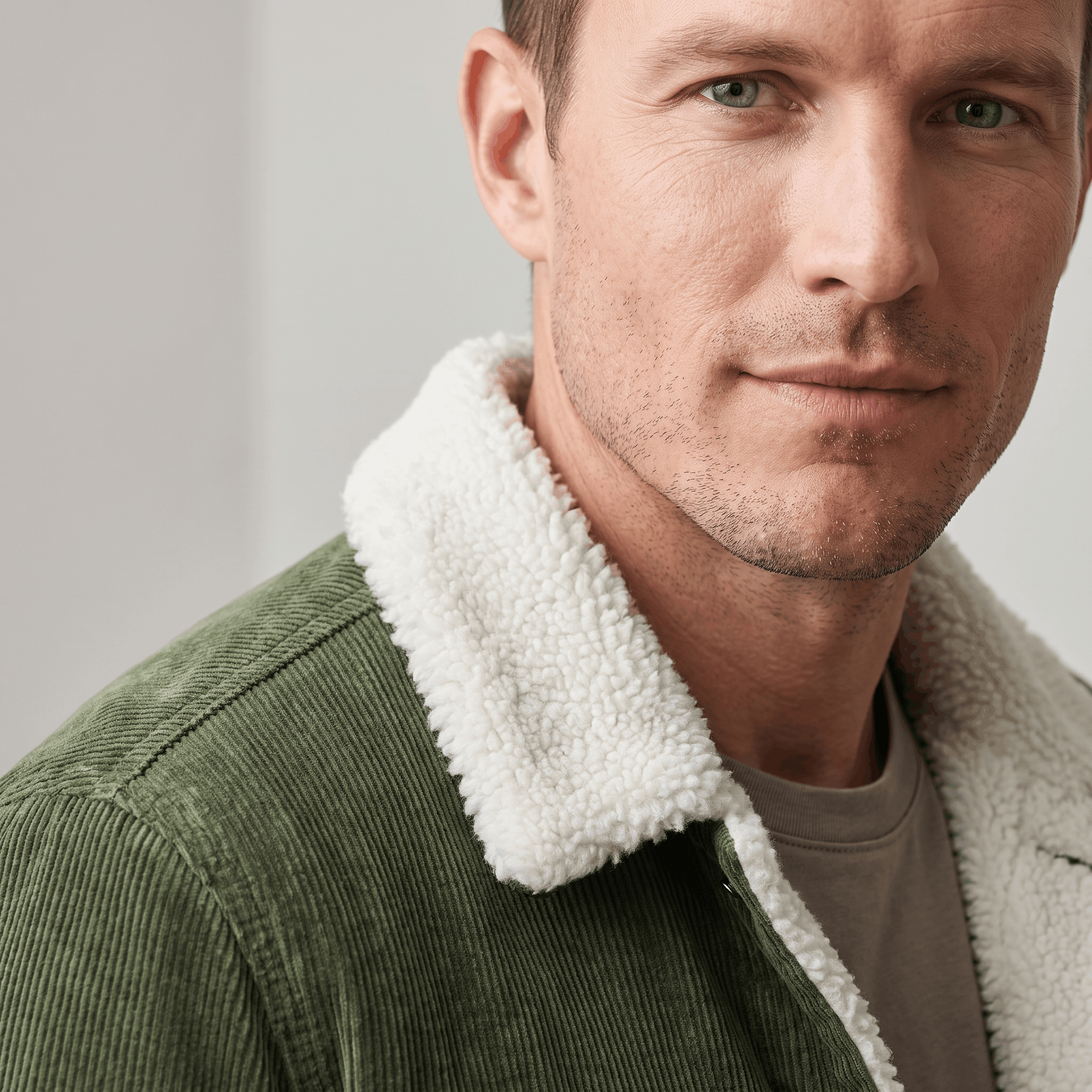 Olive green corduroy trucker jacket featuring a plush white sherpa collar and snap buttons.