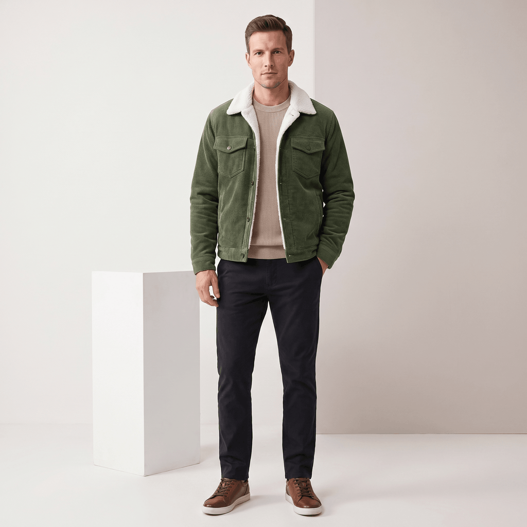 Olive green corduroy trucker jacket featuring a white sherpa collar and snap-button front.