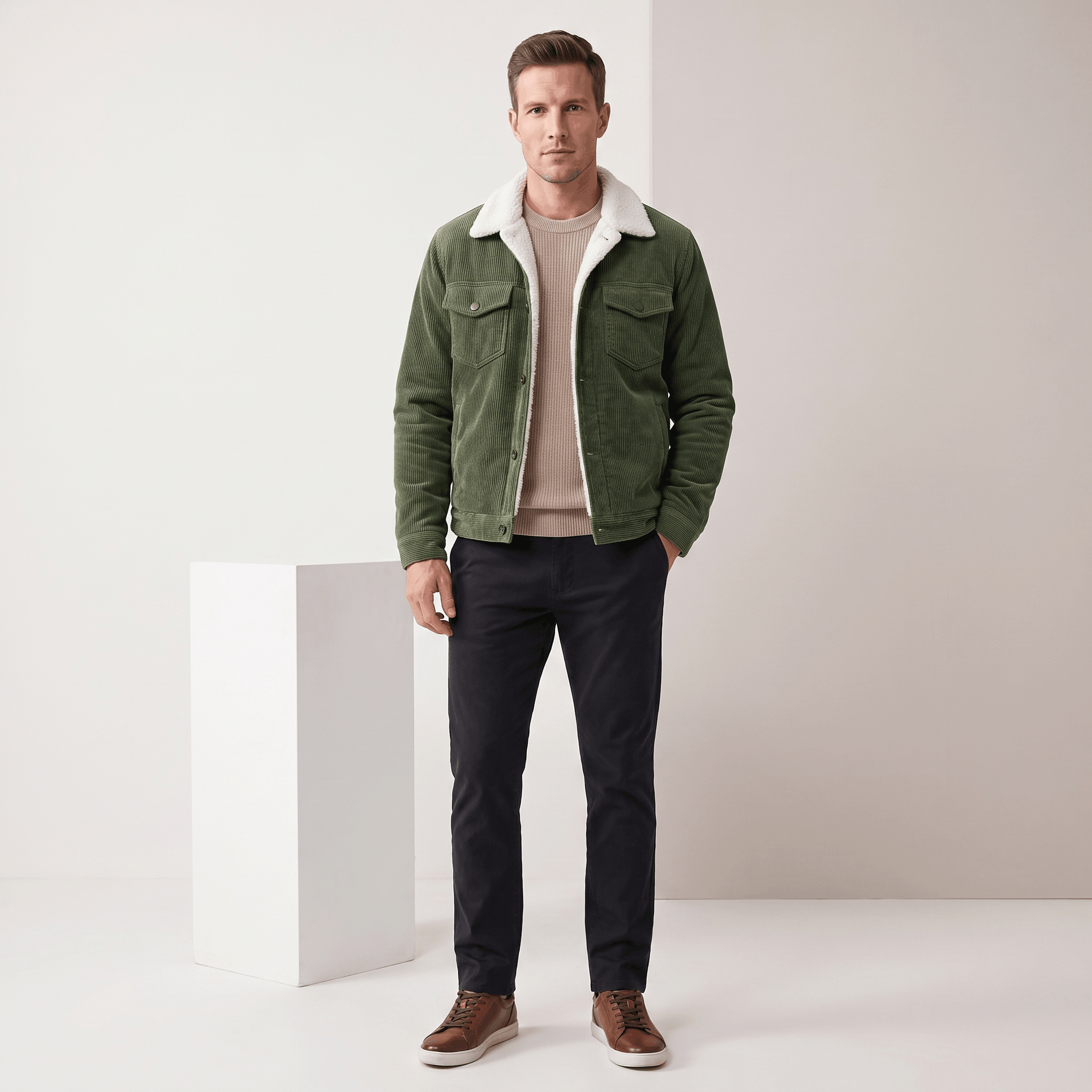 Olive green corduroy trucker jacket featuring a white sherpa collar and snap-button front.
