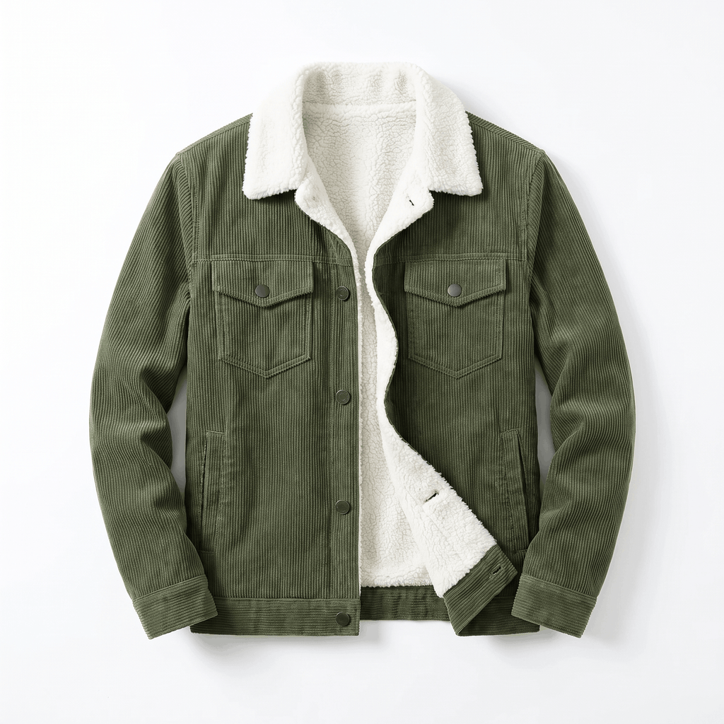 Olive green corduroy trucker jacket featuring a soft white sherpa collar and lining.