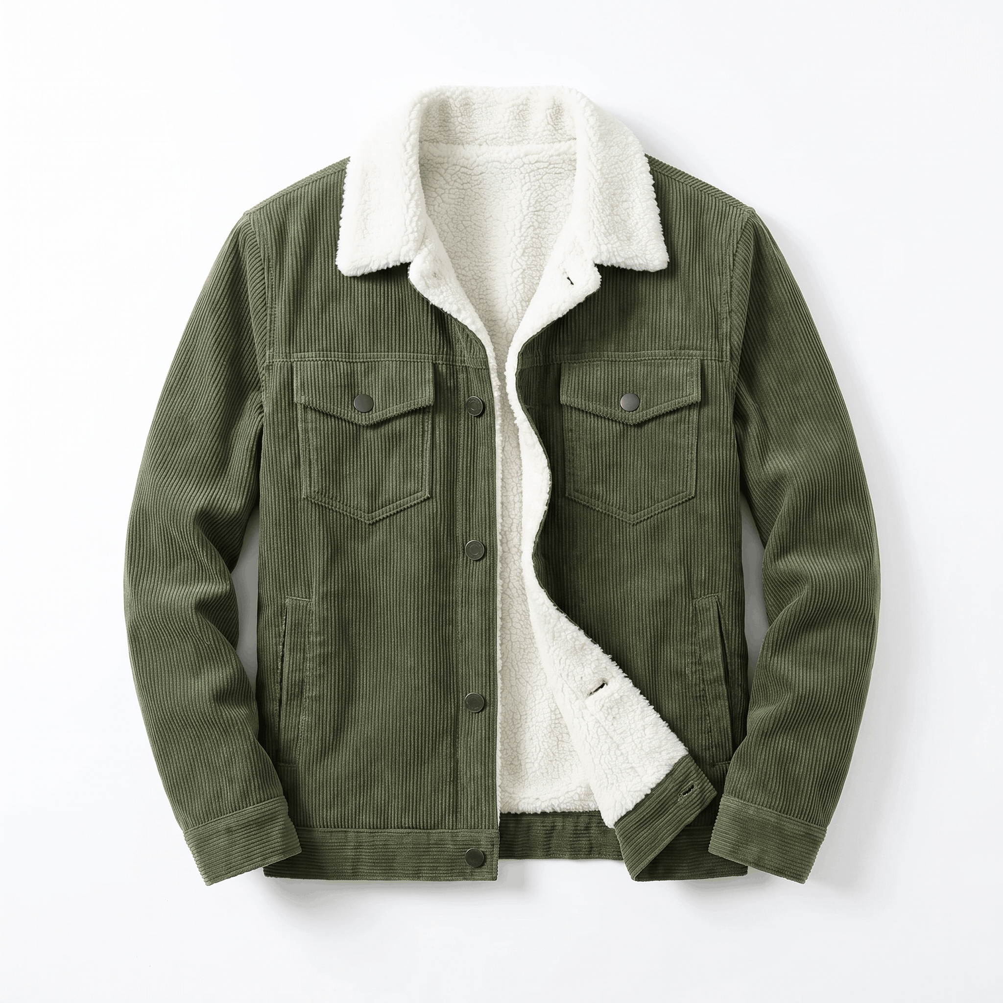 Olive green corduroy trucker jacket featuring a soft white sherpa collar and lining.