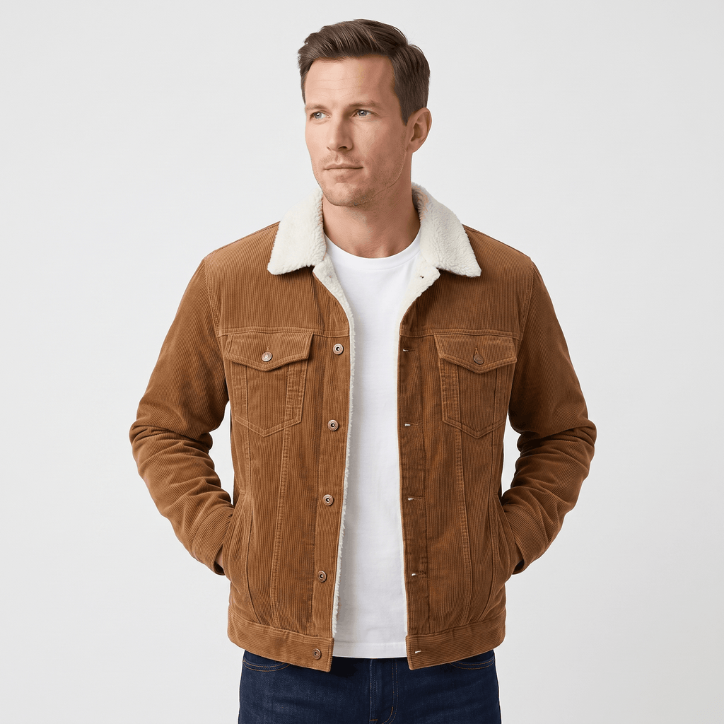 Brown corduroy trucker jacket with a white sherpa collar and snap-button front.