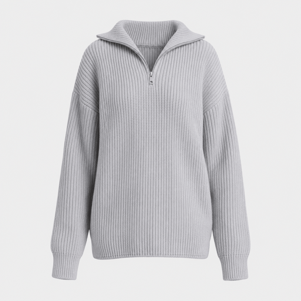 Light gray ribbed half-zip sweater displayed on its own against a light background.