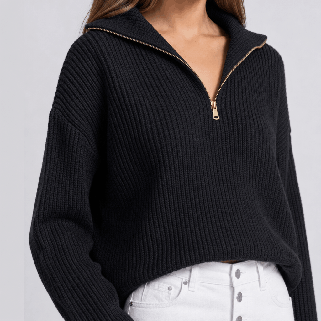 Close-up showing the ribbed knit texture and half-zip neckline of the black sweater.